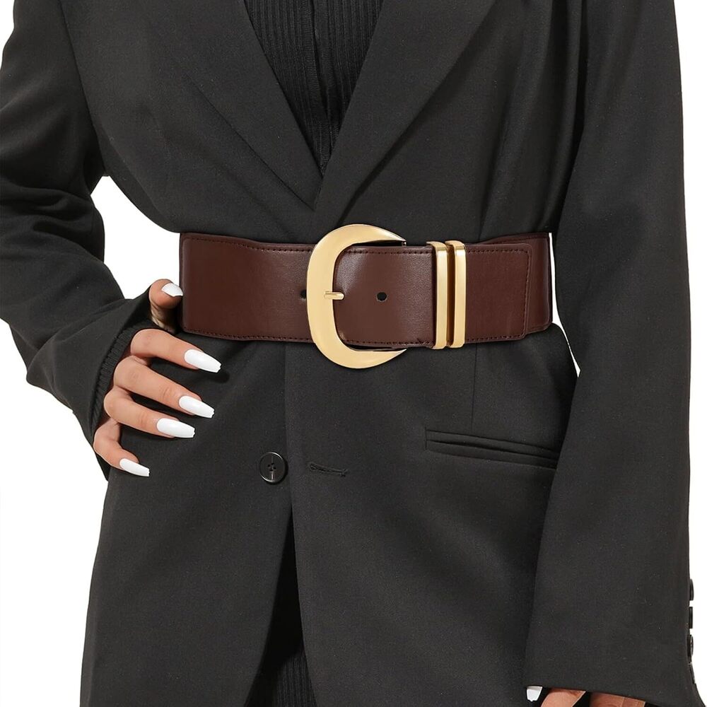 Women Wide Elastic Waist Belt for Dresses Fashion Gold Buckle Stretchy